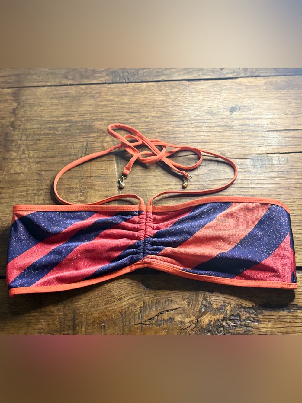 Marc by Marc Jacobs Striped Glitter Bandeau Bikini Top Size M Orange Navy FLAWS